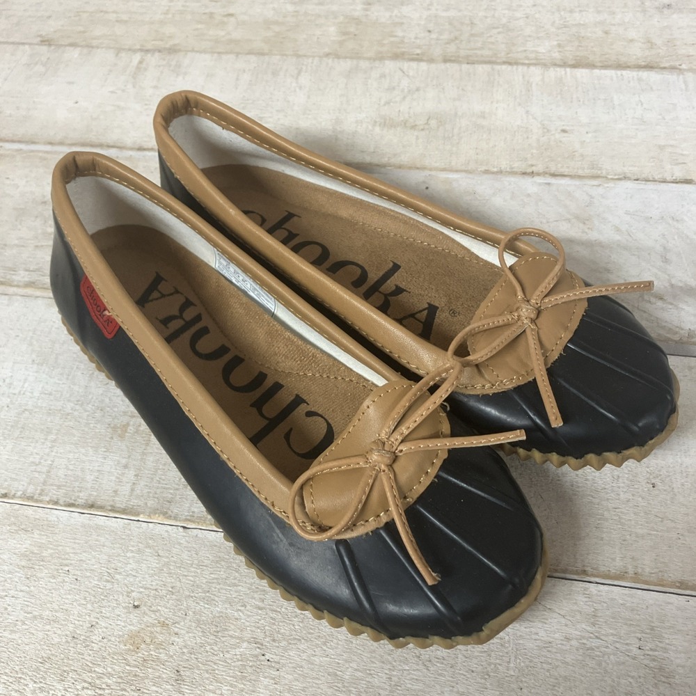 Chooka Duck Skimmer Women's Flat Slip On Rain Shoes Black/Brown, Size 7